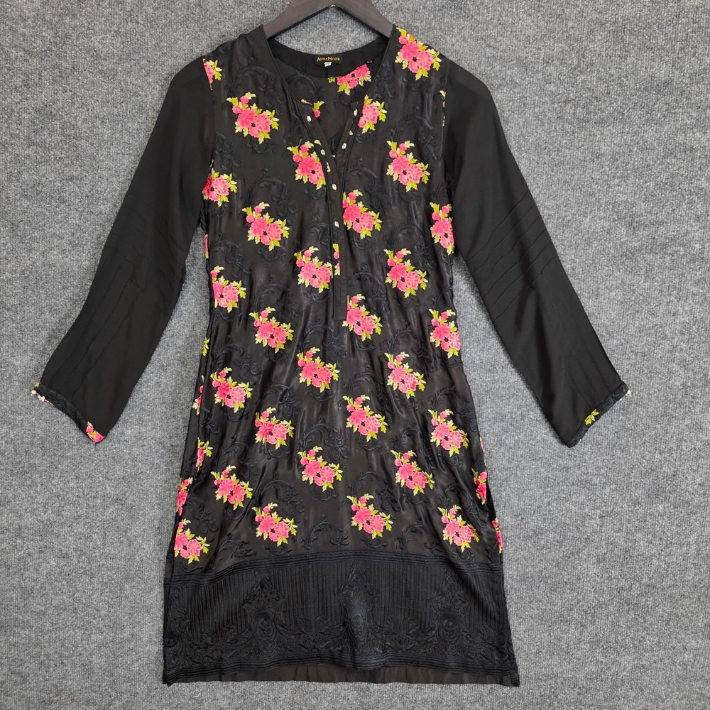 Agha Noor Kurta Tunic Women‎ S Black Floral Embroidered Long Sleeve V-Neck